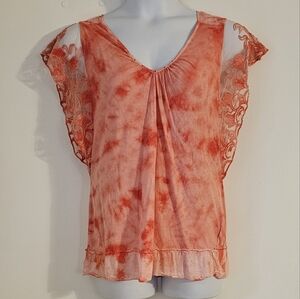 Boho One World Jrs XL Pink Angel Fairy Wing Ruffle Lace Tie Dye Top *Runs Small*